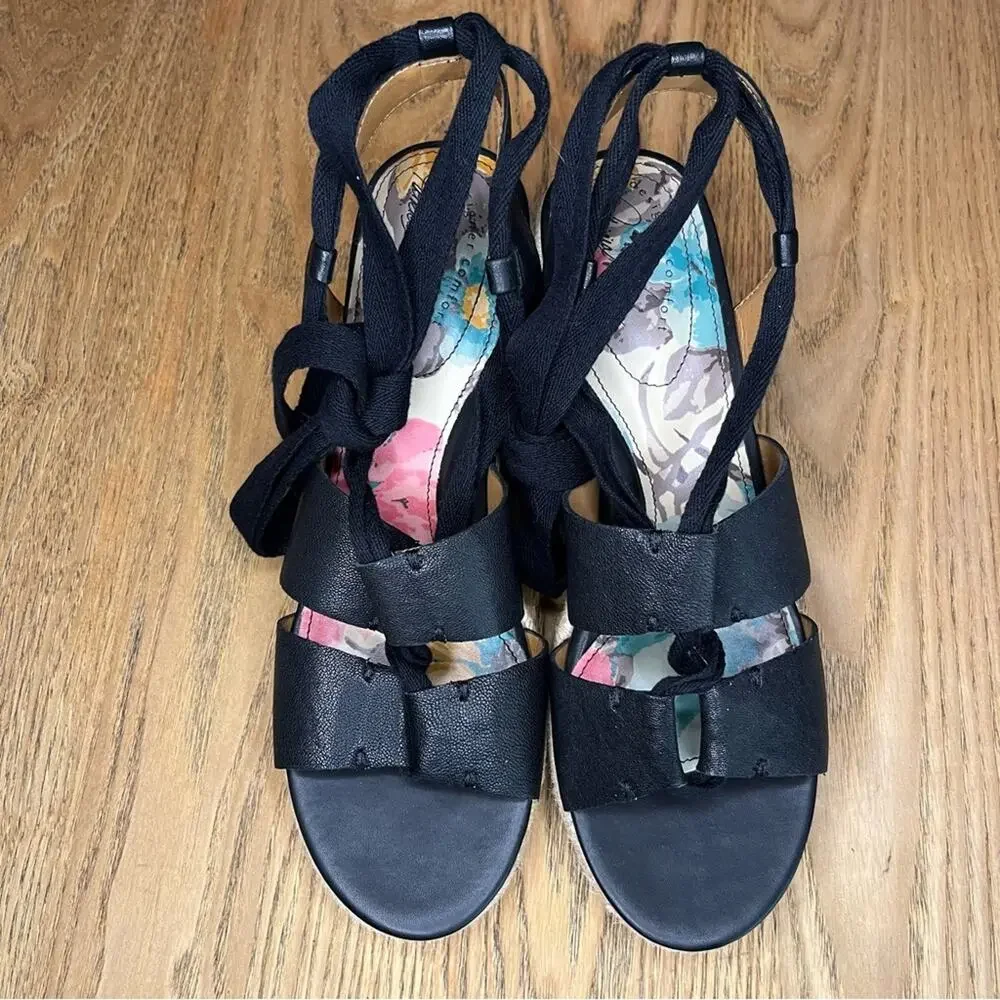 Patricia Nash Riva Wedge Espadrille Black Lace Up Ankle Wrap Sandals Women’s 10